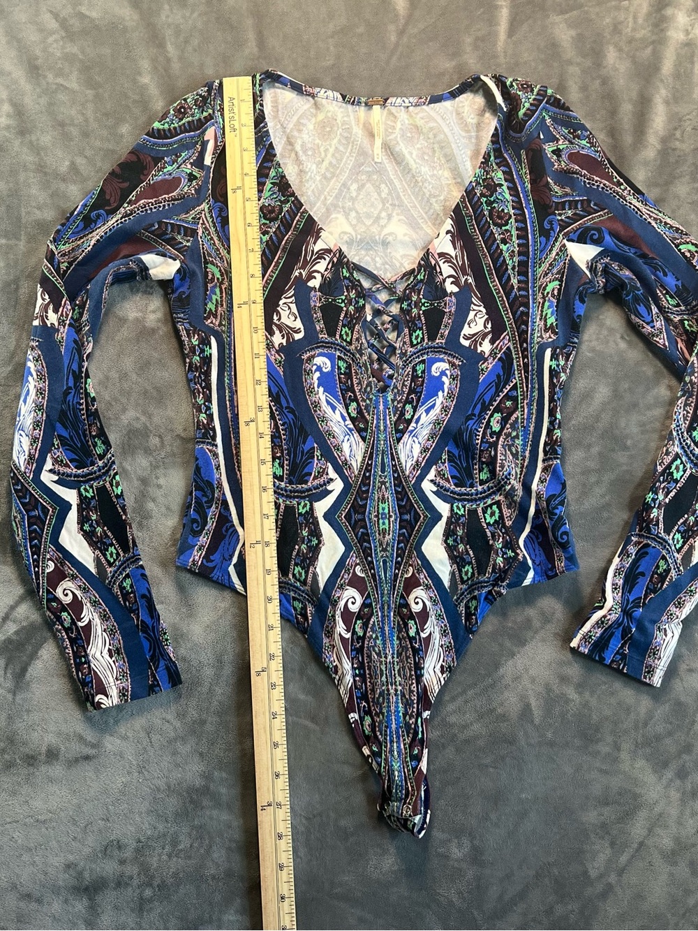 Free People Blue Paisley Lace-Up V-Neck Long Sleeve Bodysuit - Picture 7 of 8